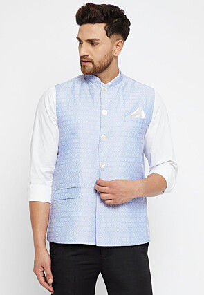 Buy SALWAR STUDIO Men Sky Blue Art Silk Digital Printed Sleeveless Nehru  Jacket online