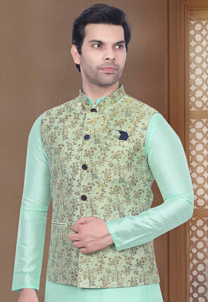 Woven Art Silk Jacquard Nehru Jacket in Light Green