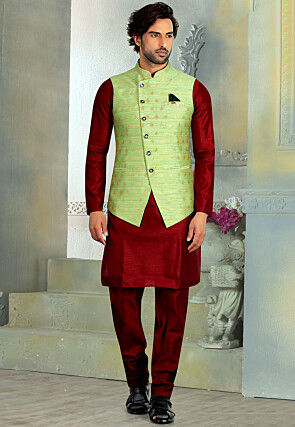 Woven Art Silk Jacquard Nehru Jacket in Light Green