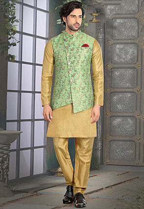 Woven Art Silk Jacquard Nehru Jacket in Light Green