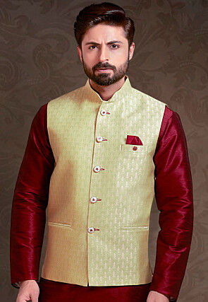 Woven Art Silk Jacquard Nehru Jacket in Light Green