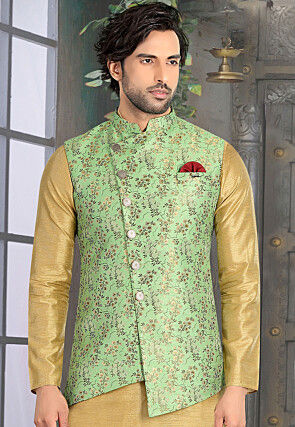 Woven Art Silk Jacquard Asymmetric Nehru Jacket in Light Green