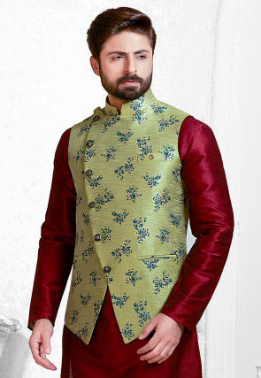Woven Art Silk Jacquard Nehru Jacket in Light Olive Green