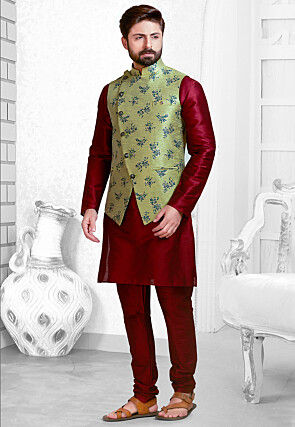 Woven Art Silk Jacquard Nehru Jacket in Light Olive Green
