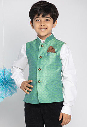 Woven Art Silk Jacquard Nehru Jacket in Light Teal Green