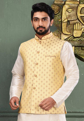 Woven Art Silk Jacquard Nehru Jacket in Light Yellow