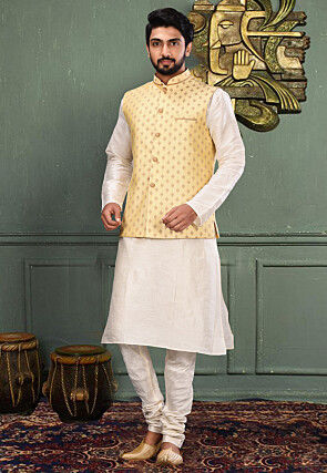 Woven Art Silk Jacquard Nehru Jacket in Light Yellow