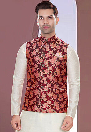 Woven Art Silk Jacquard Nehru Jacket in Maroon