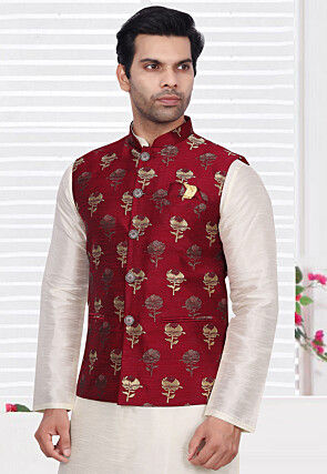 Woven Art Silk Jacquard Nehru Jacket in Maroon