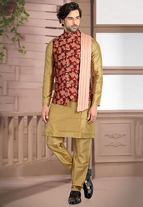 Woven Art Silk Jacquard Nehru Jacket in Maroon