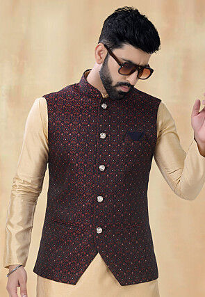 Woven Art Silk Jacquard Nehru Jacket in Maroon