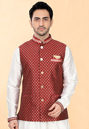 Woven Art Silk Jacquard Nehru Jacket in Maroon