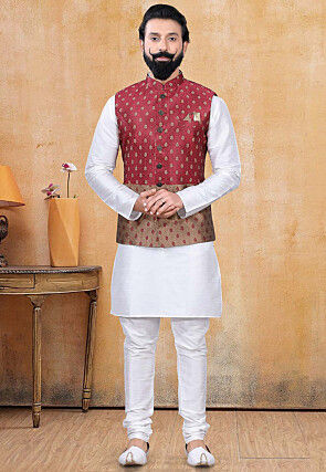 Woven Art Silk Jacquard Nehru Jacket in Maroon