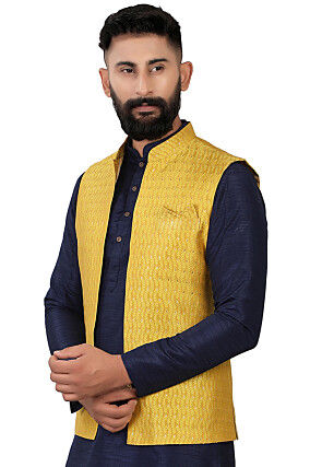 Woven Art Silk Jacquard Nehru Jacket in Mustard