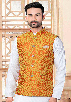 Woven Art Silk Jacquard Nehru Jacket in Mustard
