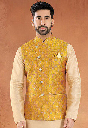 Woven Art Silk Jacquard Nehru Jacket in Mustard