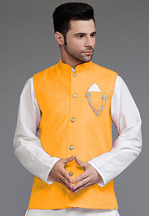 Men's Mustard Color Nehru Jacket With Kurta Pant Set - Hilo Design | Kurta  with pants, Nehru jackets, Yellow fabric