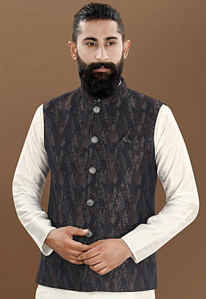 Woven Art Silk Jacquard Nehru Jacket in Navy Blue and Multicolor
