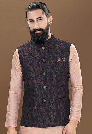Woven Art Silk Jacquard Nehru Jacket in Navy Blue and Multicolor