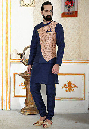 Woven Art Silk Jacquard Nehru Jacket in Navy Blue and Peach