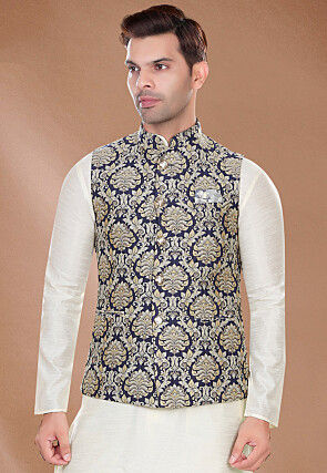 Woven Art Silk Jacquard Nehru Jacket in Navy Blue