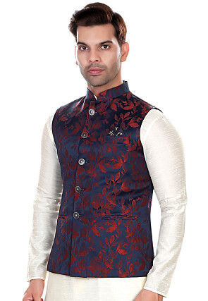 Woven Art Silk Jacquard Nehru Jacket in Navy Blue