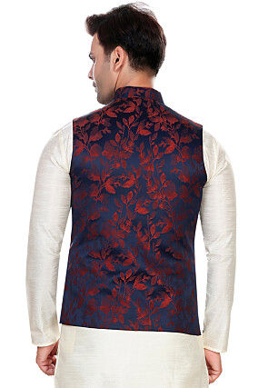 Woven Art Silk Jacquard Nehru Jacket in Navy Blue