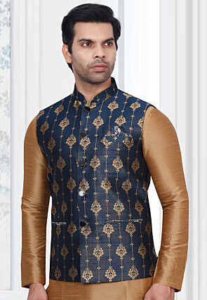 Woven Art Silk Jacquard Nehru Jacket in Navy Blue
