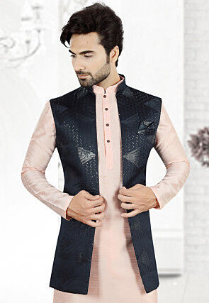 Woven Art Silk Jacquard Nehru Jacket in Navy Blue