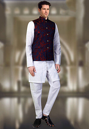 Woven Art SIlk Jacquard Nehru Jacket in Navy Blue