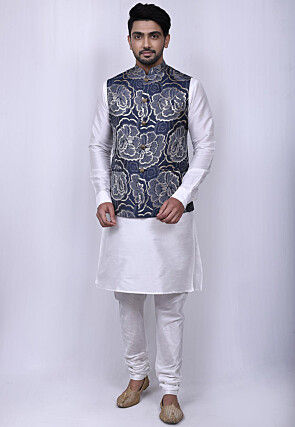 Woven Art Silk Jacquard Nehru Jacket in Navy Blue