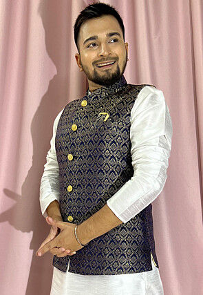 Woven Art Silk Jacquard Nehru Jacket in Navy Blue