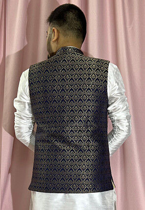 Woven Art Silk Jacquard Nehru Jacket in Navy Blue