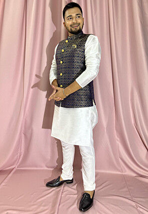 Woven Art Silk Jacquard Nehru Jacket in Navy Blue