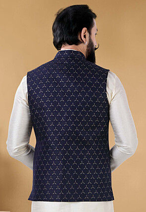 Woven Art Silk Jacquard Nehru Jacket in Navy Blue