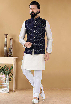 Woven Art Silk Jacquard Nehru Jacket in Navy Blue
