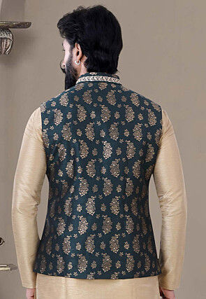 Woven Art Silk Jacquard Nehru Jacket in Navy Blue