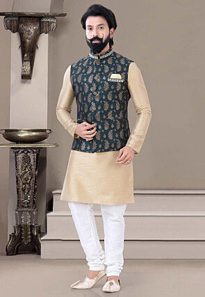 Woven Art Silk Jacquard Nehru Jacket in Navy Blue