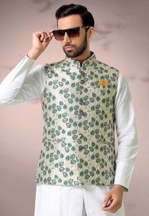 Woven Art Silk Jacquard Nehru Jacket in Off White and Teal Green