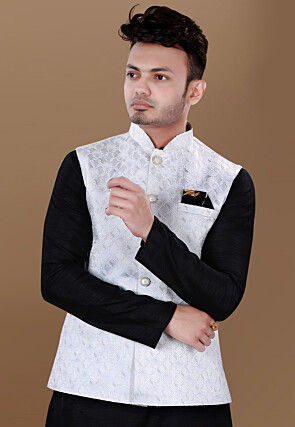 Woven Art Silk Jacquard Nehru Jacket in Off White