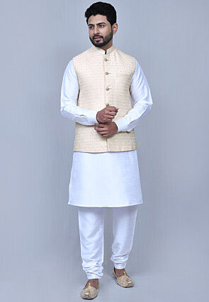 Woven Art Silk Jacquard Nehru Jacket in Off White