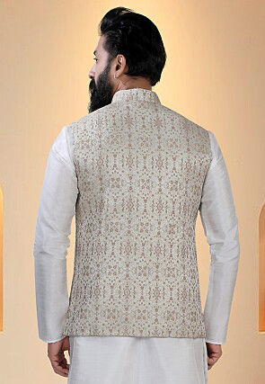 Woven Art Silk Jacquard Nehru Jacket in Off White