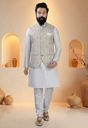 Woven Art Silk Jacquard Nehru Jacket in Off White