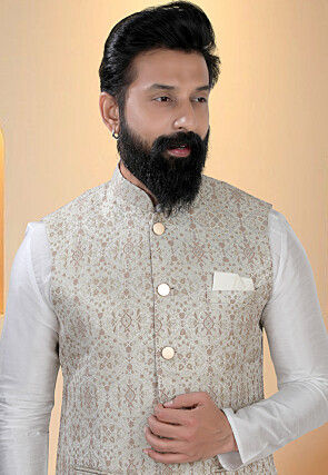 Woven Art Silk Jacquard Nehru Jacket in Off White