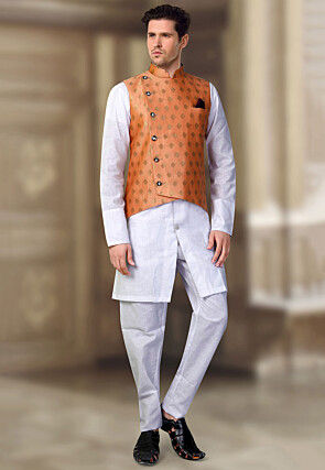 Woven Art Silk Jacquard Nehru Jacket in Orange