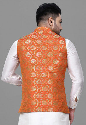 Woven Art Silk Jacquard Nehru Jacket in Orange