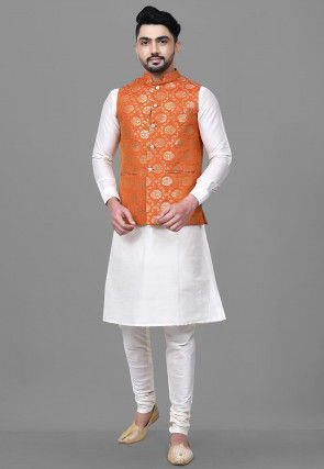 Woven Art Silk Jacquard Nehru Jacket in Orange