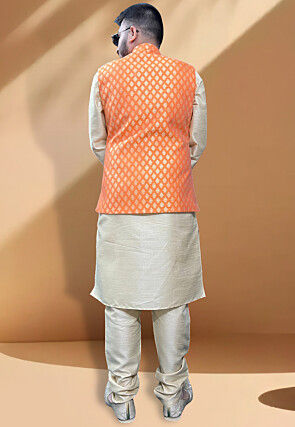 Woven Art Silk Jacquard Nehru Jacket in Orange