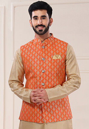 Woven Art Silk Jacquard Nehru Jacket in Orange