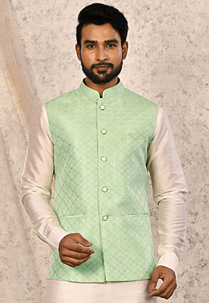 Woven Art Silk Jacquard Nehru Jacket in Pastel Green